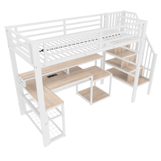 Cama alta 90x200 cm - Estrutura metálica, secretária, escada com arrumação, LED, USB - Branco