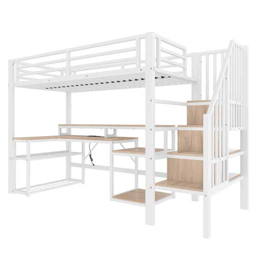 Cama alta 90x200 cm - Estrutura metálica, secretária, escada com arrumação, LED, USB - Branco