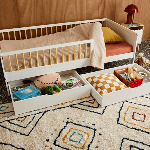 Gaveta de cama infantil Roya em madeira de pinho, set de 2 Branco - 95x60x20 cm Gaveta de cama infantil Roya em madeira de pinho, set de 2 Branco - 95x60x20 cm