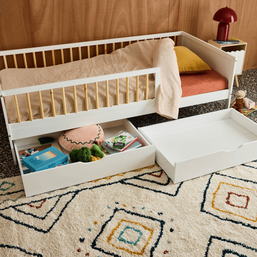 Gaveta de cama infantil Roya em madeira de pinho, set de 2 Branco - 95x60x20 cm Gaveta de cama infantil Roya em madeira de pinho, set de 2 Branco - 95x60x20 cm