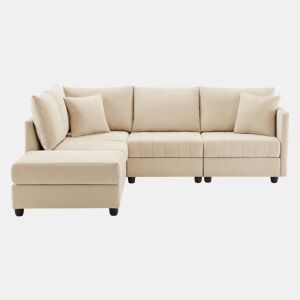 Sofá modular de 5 lugares - Conversível com otomano, LU, para sala de estar - Bege