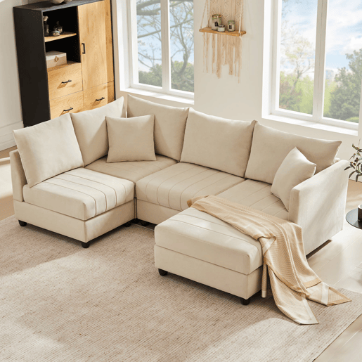 Sofá modular de 5 lugares - Conversível com otomano, LU, para sala de estar - Bege