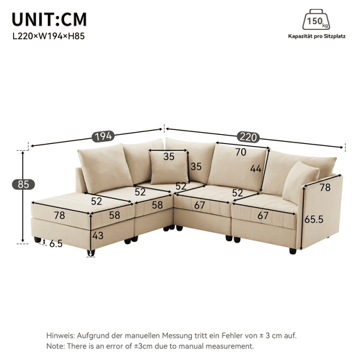 Sofá modular de 5 lugares - Conversível com otomano, LU, para sala de estar - Bege