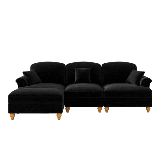 Sofá modular L 3 lugares - estilo Mid-Century, chenille, braços cónicos, otomana móvel - Preto
