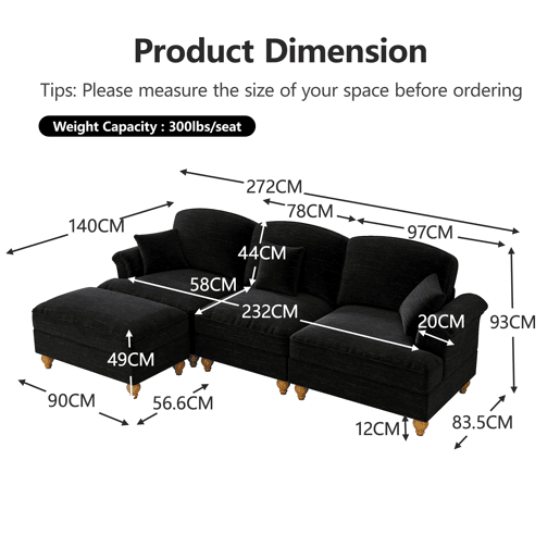 Sofá modular L 3 lugares - estilo Mid-Century, chenille, braços cónicos, otomana móvel - Preto