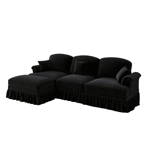 Sofá modular L 3 lugares - estilo Mid-Century, chenille, braços cónicos, otomana móvel - Preto
