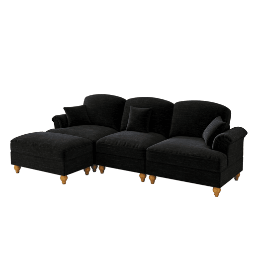 Sofá modular L 3 lugares - estilo Mid-Century, chenille, braços cónicos, otomana móvel - Preto