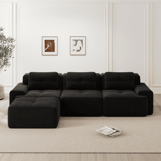 Sofá modular em L de 3 lugares - com otomano, estofado em veludo cotelê - preto