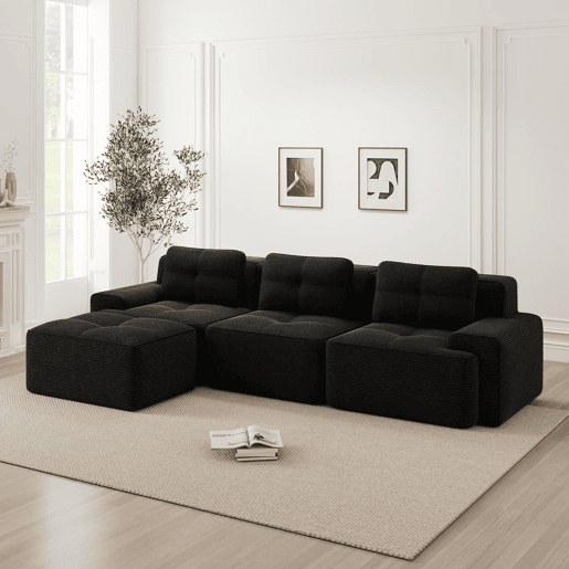 Sofá modular em L de 3 lugares - com otomano, estofado em veludo cotelê - preto