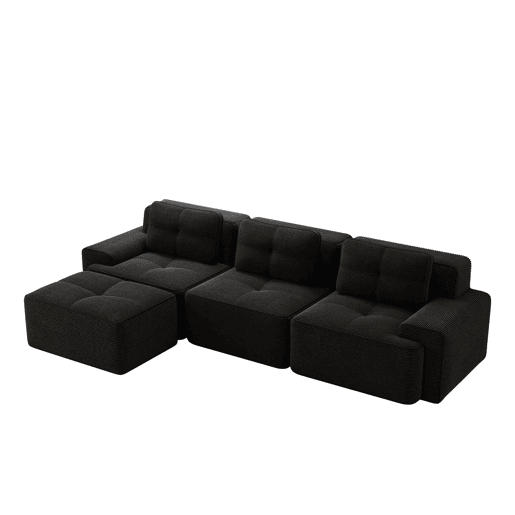 Sofá modular em L de 3 lugares - com otomano, estofado em veludo cotelê - preto