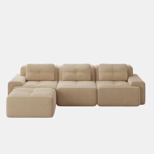 Sofá modular L 3 lugares - Boneless, com otomano, veludo cotelê, fácil montagem - Bege
