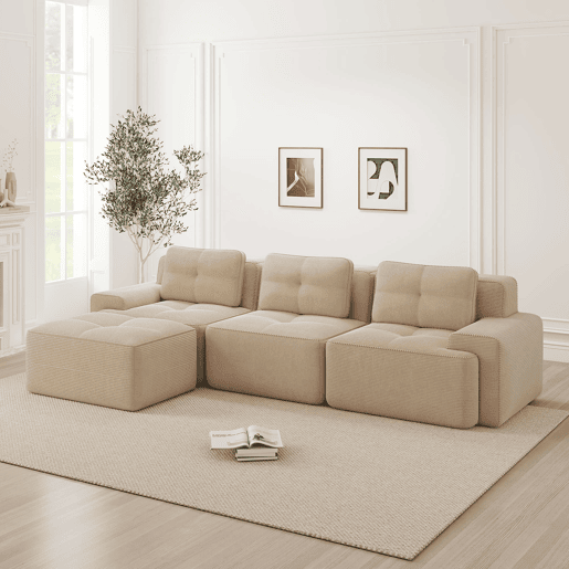 Sofá modular L 3 lugares - Boneless, com otomano, veludo cotelê, fácil montagem - Bege