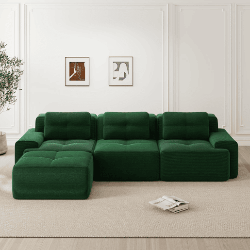 Sofá modular L 3 lugares - Cloud, com otomano e estofamento em veludo cotelê, montagem livre - Verde