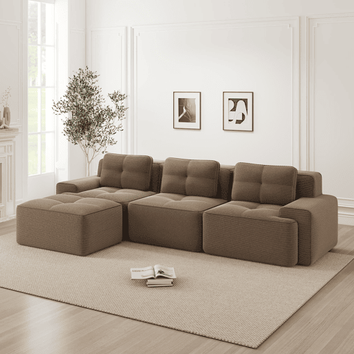 Sofá modular L 3 lugares - Veludo cotelê, chaise longue, montagem sem ferramentas - Castanho