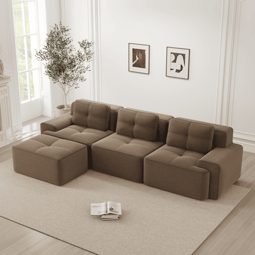 Sofá modular L 3 lugares - Veludo cotelê, chaise longue, montagem sem ferramentas - Castanho