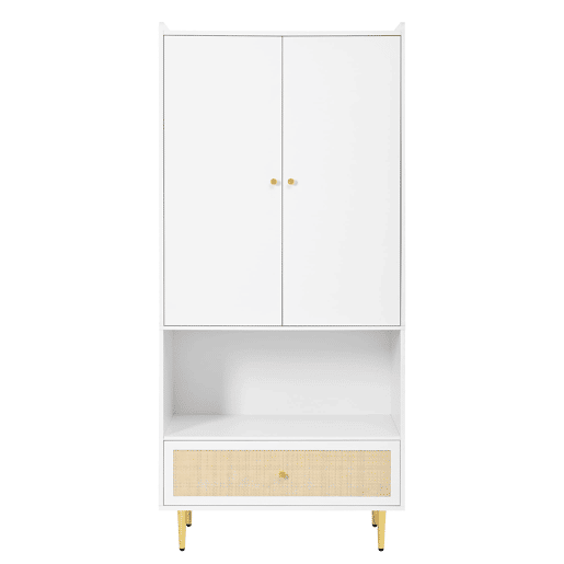 Armário 80x48x175 cm - 2 portas, gaveta em rattan, barra para roupas, pés e puxadores metálicos - Natural+Branco