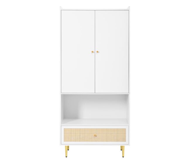 Armario 80x48x175 cm - 2 puertas, cajón rattan, barra de ropa, patas y tiradores metálicos - natural+blanco