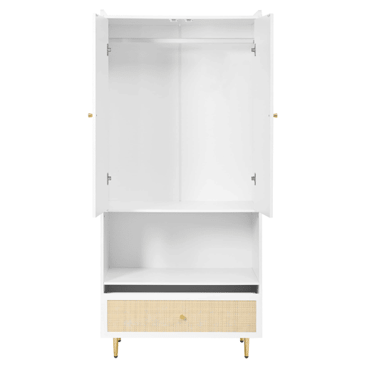 Armário 80x48x175 cm - 2 portas, gaveta em rattan, barra para roupas, pés e puxadores metálicos - Natural+Branco
