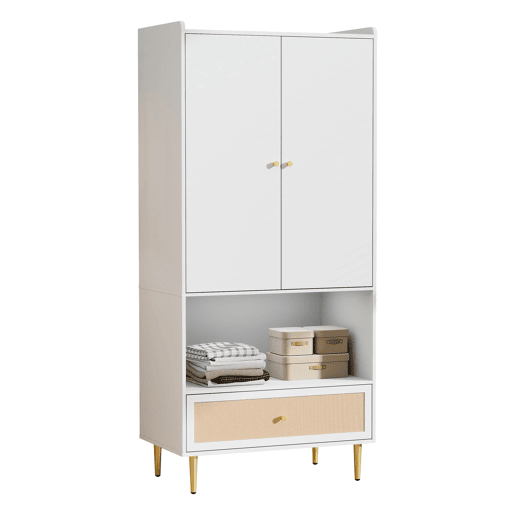 Armário 80x48x175 cm - 2 portas, gaveta em rattan, barra para roupas, pés e puxadores metálicos - Natural+Branco