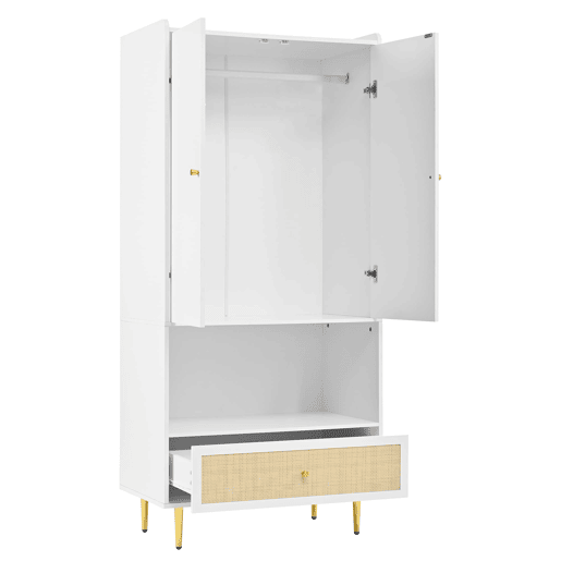 Armário 80x48x175 cm - 2 portas, gaveta em rattan, barra para roupas, pés e puxadores metálicos - Natural+Branco