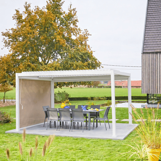 Pérgola bioclimática 3x4m de alumínio e aço com estore de 3m Branco - 392x292x224 cm