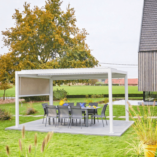 Pérgola bioclimática 3x4m de alumínio e aço com estore de 3m Branco - 392x292x224 cm