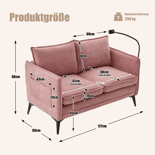 Sofá pequeno de 2 lugares - com arrumação, bolso lateral e suporte móvel ajustável - Rosa