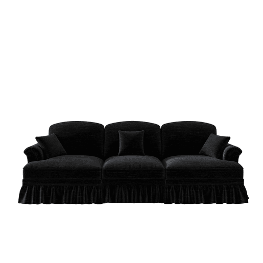 Sofá de 3 lugares - Estilo Mid-Century, chenille, braços cónicos, saia removível, pernas torneadas - Preto