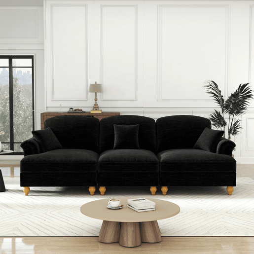 Sofá de 3 lugares - Estilo Mid-Century, chenille, braços cónicos, saia removível, pernas torneadas - Preto