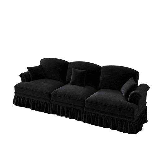 Sofá de 3 lugares - Estilo Mid-Century, chenille, braços cónicos, saia removível, pernas torneadas - Preto