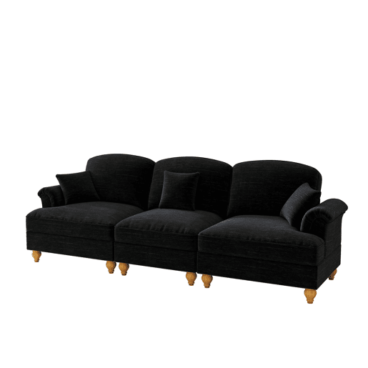 Sofá de 3 lugares - Estilo Mid-Century, chenille, braços cónicos, saia removível, pernas torneadas - Preto