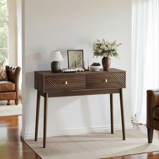 Secretária Consola - Estilo Mid-Century, com gavetas e prateleiras abertas - Nogueira