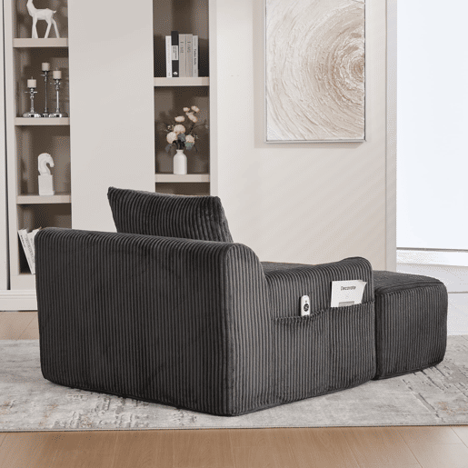 Poltrona grande - com apoio para os pés, bolsos laterais e almofada, estofada em veludo - Cinza escuro