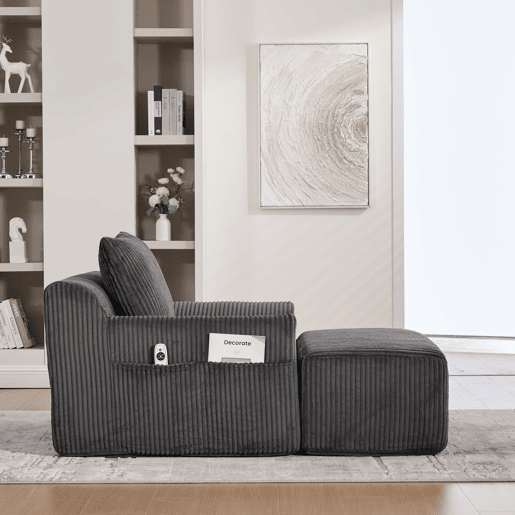 Poltrona grande - com apoio para os pés, bolsos laterais e almofada, estofada em veludo - Cinza escuro