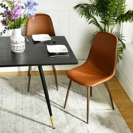 Conjunto 2 Cadeiras Jantar Estofadas PU Castanho Estilo Moderno Encosto Ergonómico Assento Acolchoado Pernas Metálicas Resistentes Fácil Limpeza Ideais Sala Jantar Cozinha