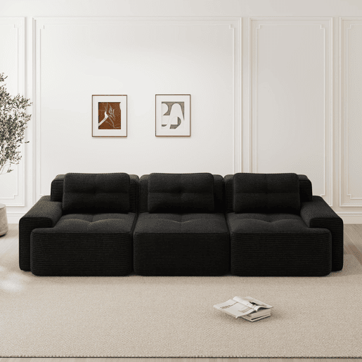 Sofá modular de 3 lugares - Cloud confortável, modular, chaise longue, estofado em veludo cotelê - Preto