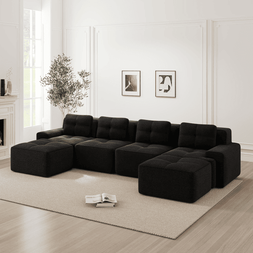Sofá modular de 4 lugares - chaise longue em U cloud de veludo cotelê - preto