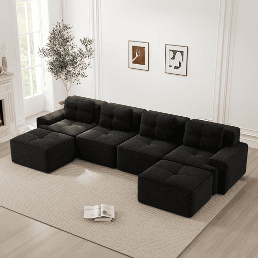 Sofá modular de 4 lugares - chaise longue em U cloud de veludo cotelê - preto