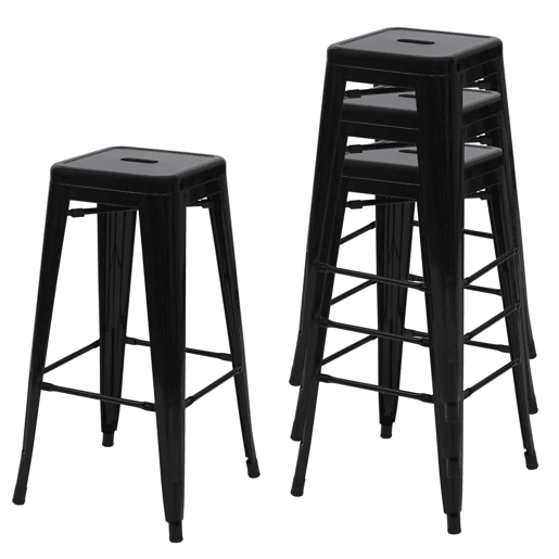 Conjunto de 4 banquetas de bar empilháveis u200Bu200Bde metal com design industrial pretas 04_0005227