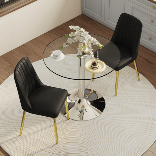 Conjunto de mesa de jantar 85 cm - Minimalista em vidro temperado + 2 cadeiras em PU - Preto+Dourado