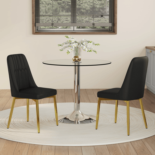 Conjunto de mesa de jantar 85 cm - Minimalista em vidro temperado + 2 cadeiras em PU - Preto+Dourado