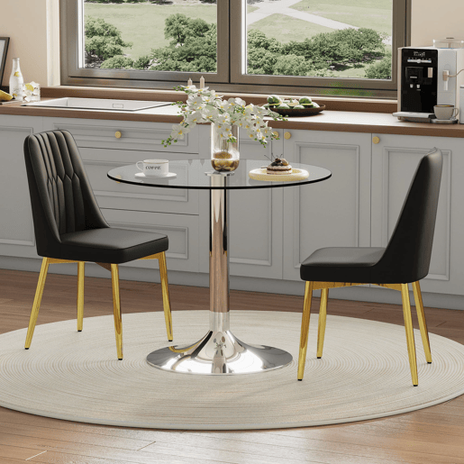 Conjunto de mesa de jantar 85 cm - Minimalista em vidro temperado + 2 cadeiras em PU - Preto+Dourado