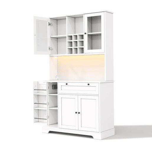 Armário alto de cozinha 180x105x40 cm - com prateleira para especiarias, LED e tomada - Branco