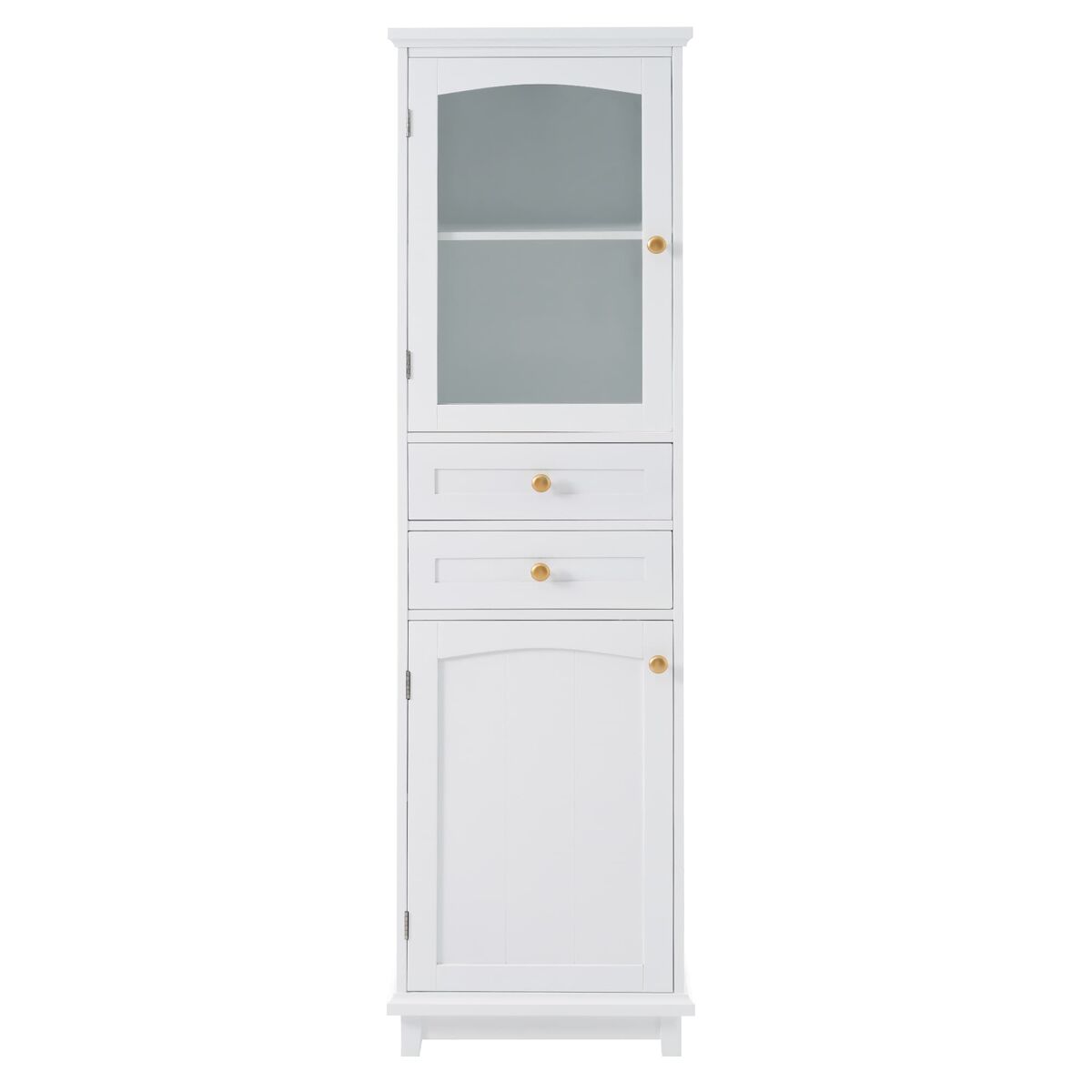 Armario de baño 45x36x160 cm - puertas de cristal, 2 armarios, 2 cajones, tiradores dorados - blanco