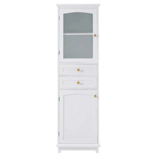 Armário de casa de banho 45x36x160 cm - portas de vidro, 2 armários, 2 gavetas, puxadores dourados - branco