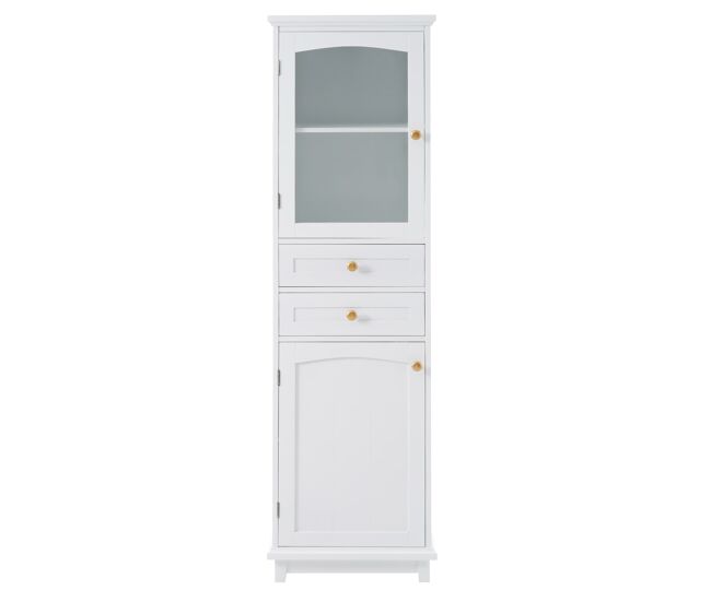 Armario de baño 45x36x160 cm - puertas de cristal, 2 armarios, 2 cajones, tiradores dorados - blanco