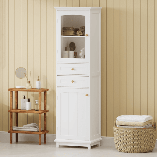 Armário de casa de banho 45x36x160 cm - portas de vidro, 2 armários, 2 gavetas, puxadores dourados - branco