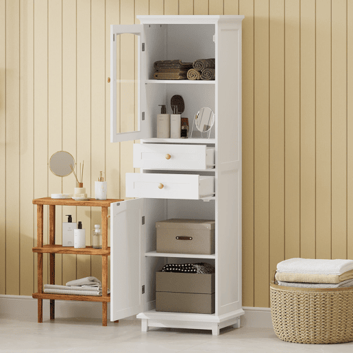 Armário de casa de banho 45x36x160 cm - portas de vidro, 2 armários, 2 gavetas, puxadores dourados - branco