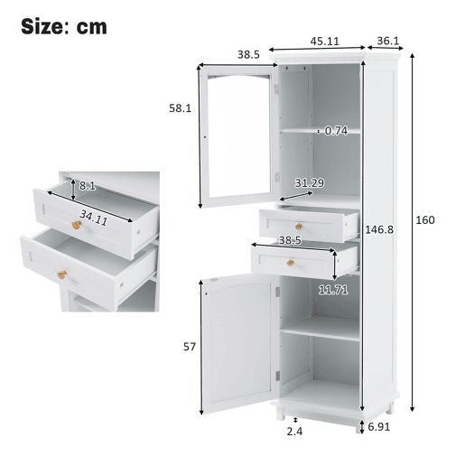 Armário de casa de banho 45x36x160 cm - portas de vidro, 2 armários, 2 gavetas, puxadores dourados - branco