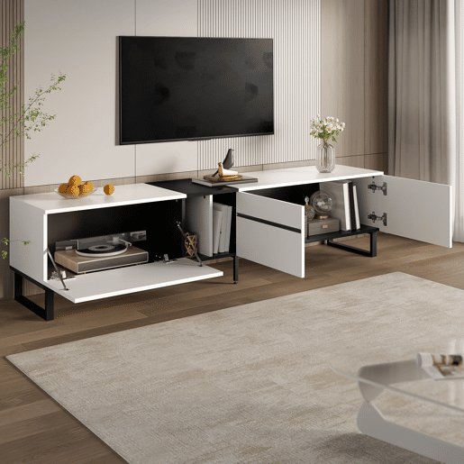 Móvel de TV 180 cm - Minimalista com portas e prateleiras abertas, grande capacidade de armazenamento - Branco